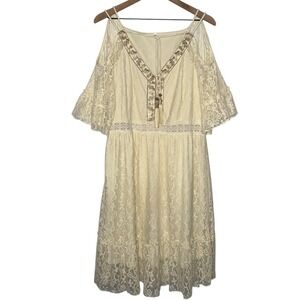 Fairy Floral Lace Embroidered Open Shoulder Cream Lace‎ Flowy Dress